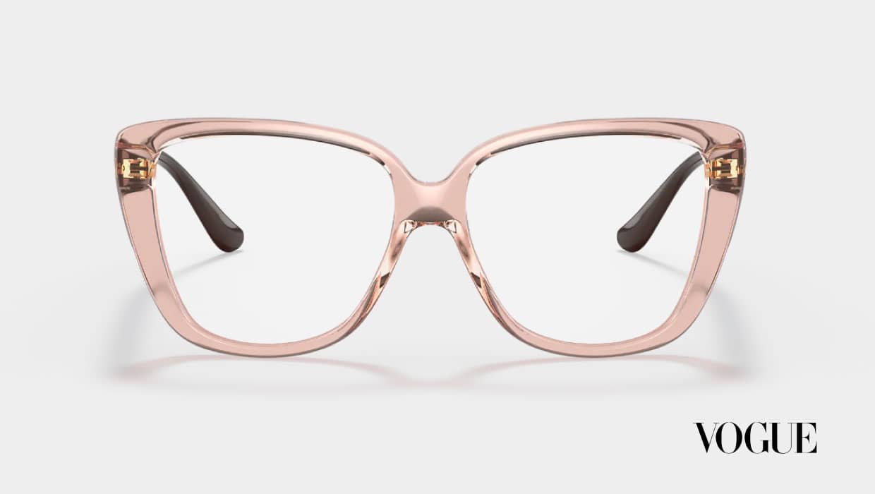 Transparent pink thick rim glasses by Vogue.