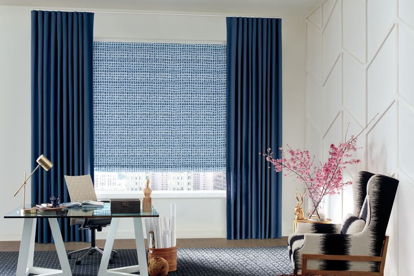 Navy colour curtains in an office